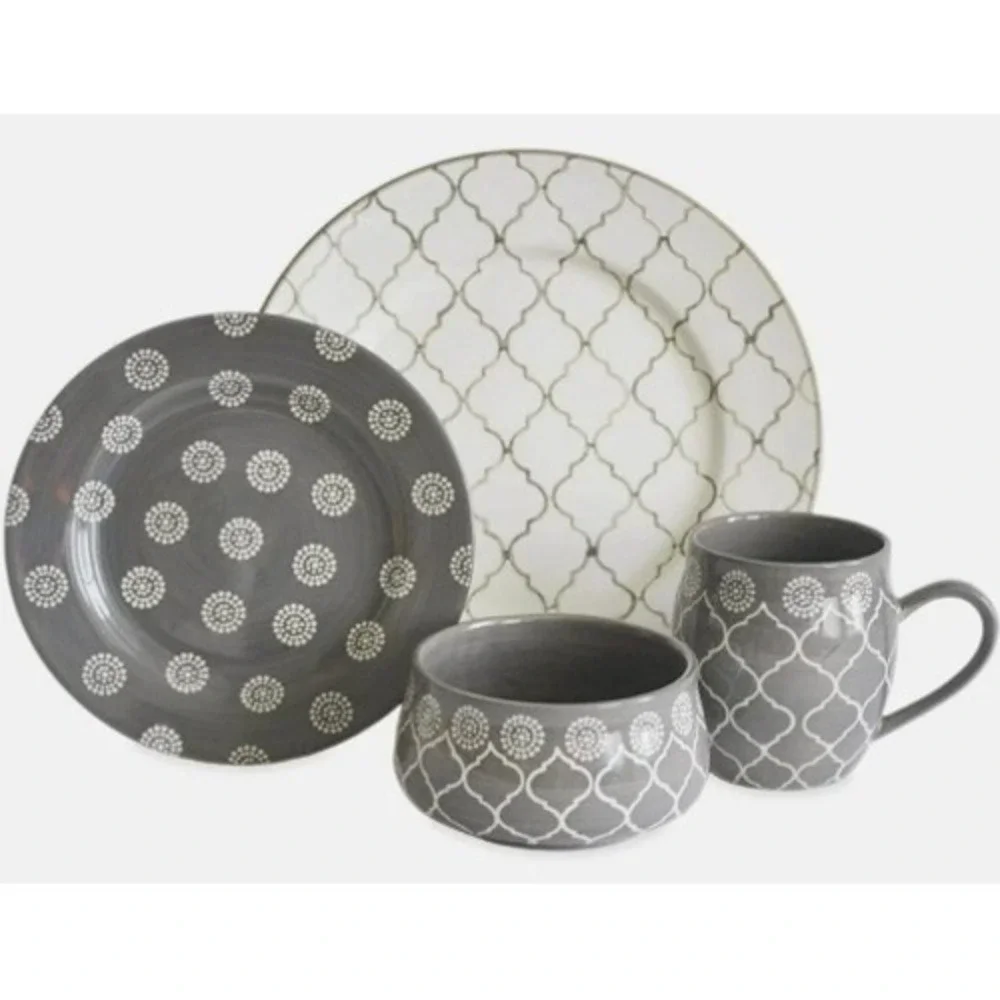 Baum Dinnerware Set Moroccan Grey 16pc Grey New Service for 4 Stoneware